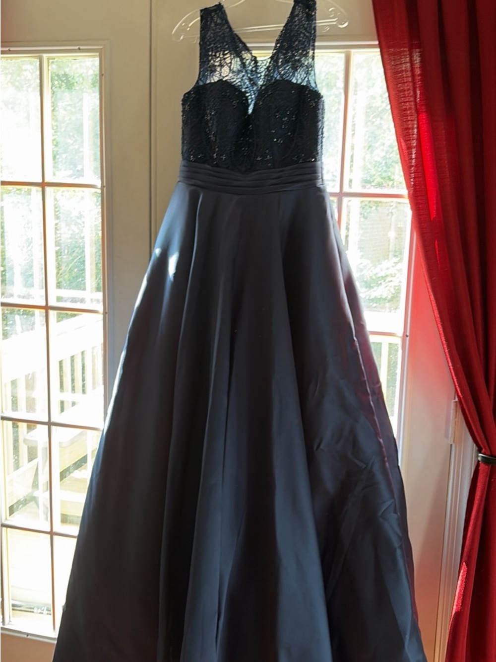 Alyce Paris Navy Blue Beaded Lace Bodice A-Line Prom Dress